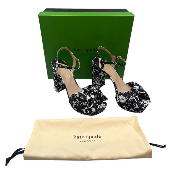Kate Spade Lucie Tropical Foliage Silk Platform Heels Sandals Black White 9 - Picture 1 of 11